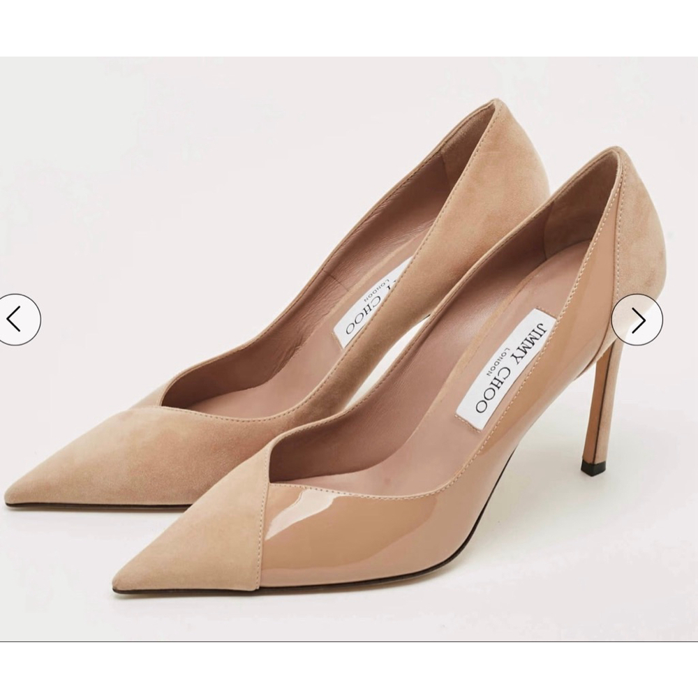 New Jimmy Choo Cass 95 Beige Patent Leather and Suede Pumps Sz 40-best fits a 9 - Picture 2 of 7